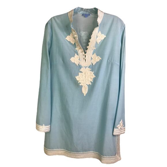 J.McLaughlin Tunic Top Womens Size 6 Blue V-Neck Embroidered Beach Coastal - Picture 1 of 10